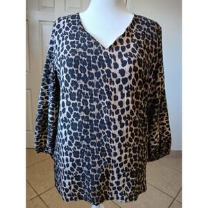 Belongsci Womens Blouse Top Tunic XL  Animal Print V-Neck Ballon Sleeve Lined